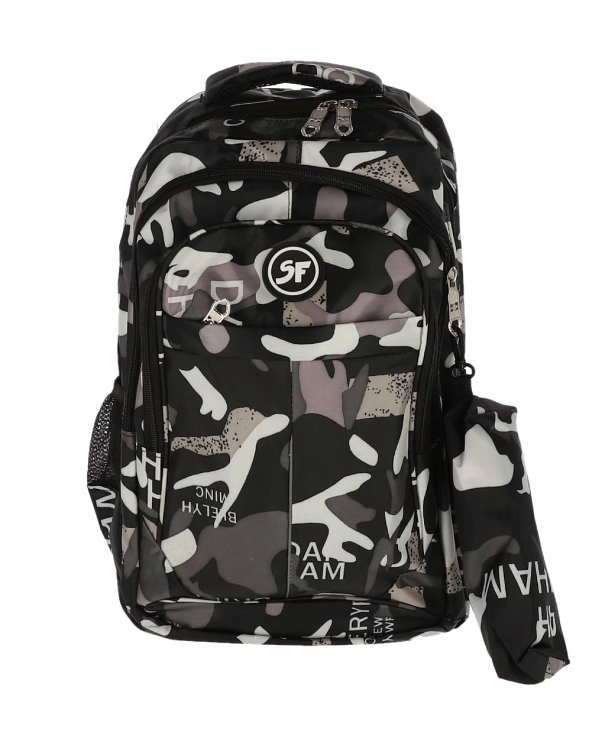 Ghiozdan SF, 4Fermoare 42cm cu penar etui CAMUFLAJ NEGRU